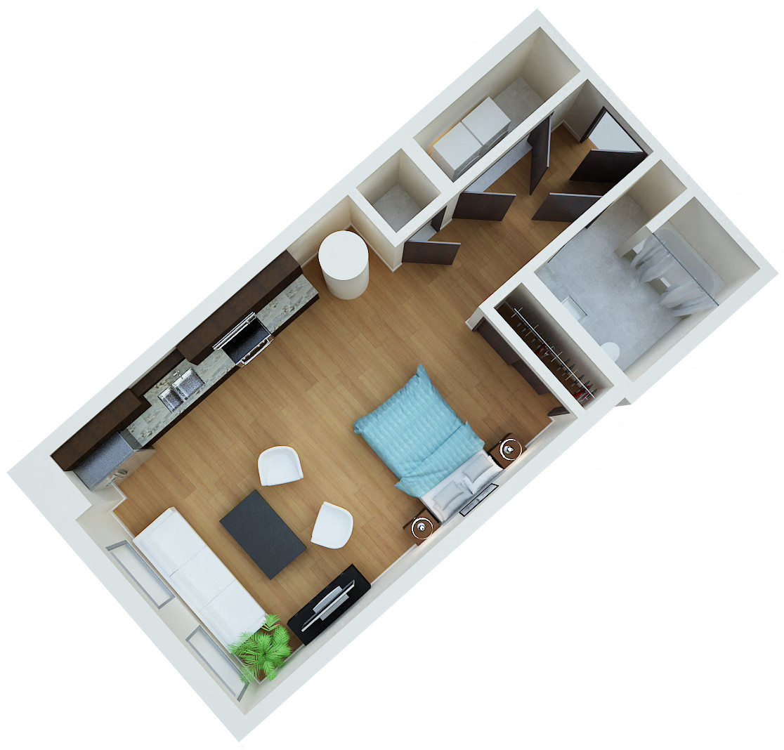 Floor plan for studio, 1 bath, 599 sqft